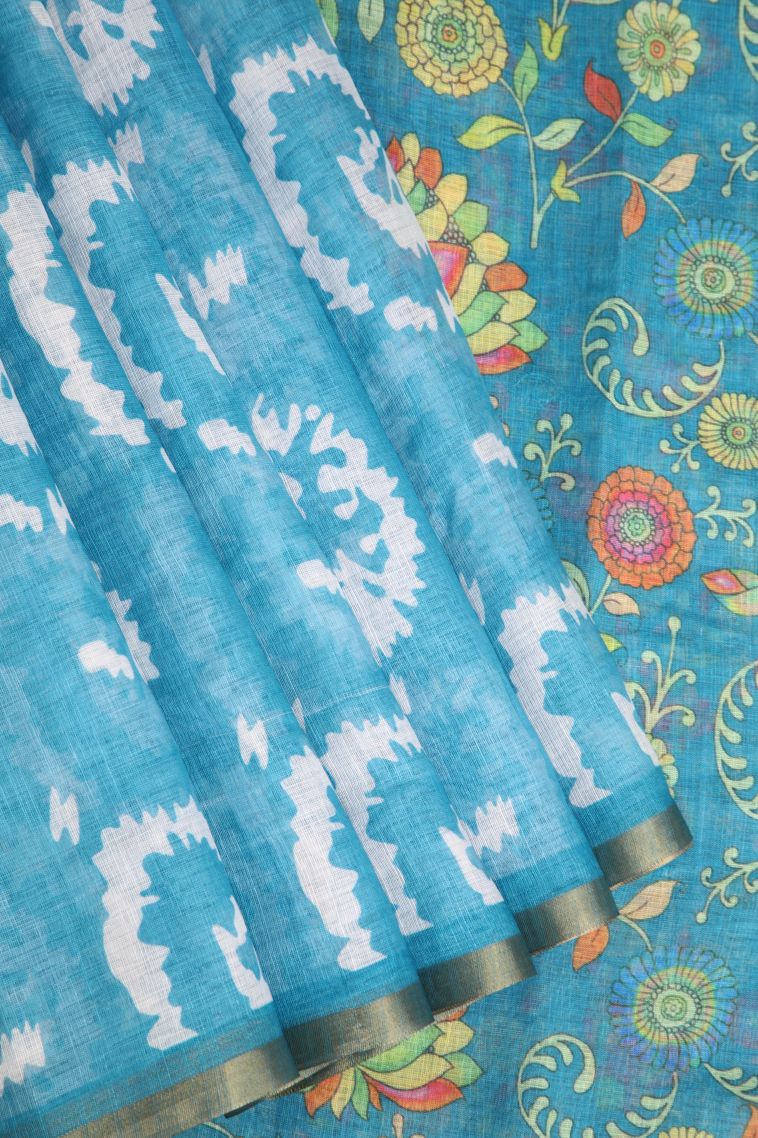 Cerulean Blue Linen Saree with Without Zari Zari Pathik Motifs view 1