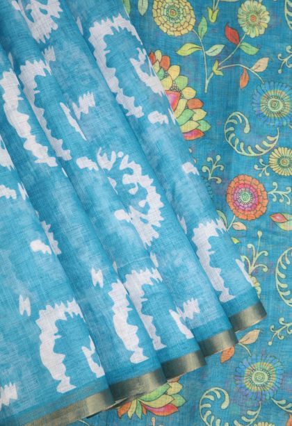Cerulean Blue Linen Saree with Without Zari Zari Pathik Motifs