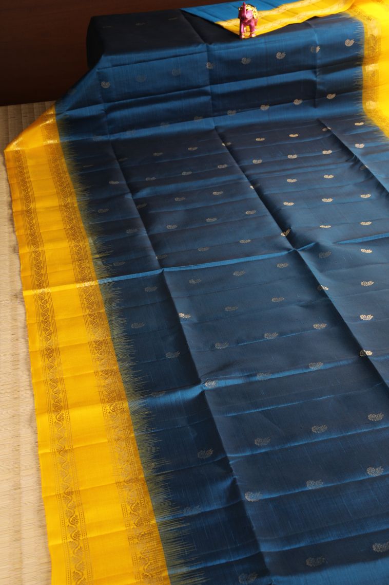 Aegean Blue Soft Silk Saree with Gold Zari Floral Puttas view 2