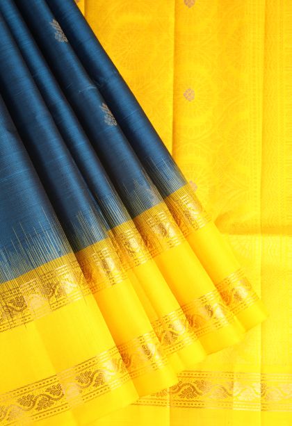 Aegean Blue Soft Silk Saree with Gold Zari Floral Puttas