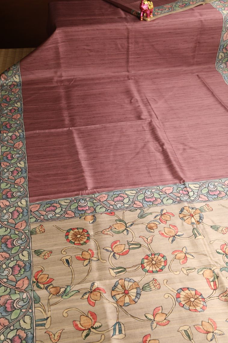 Blush Red Semi Tussar Silk with Without Zari Zari Plain view 2