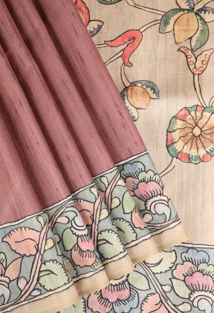 Blush Red Semi Tussar Silk with Without Zari Zari Plain