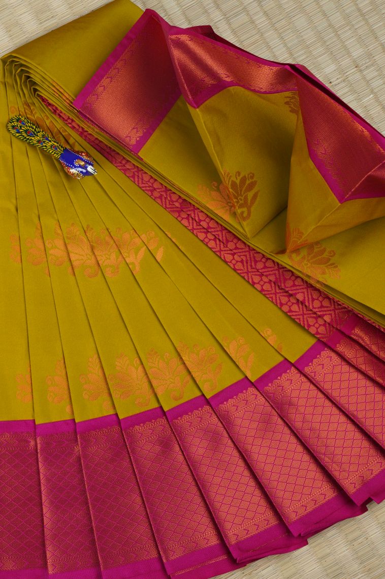 Biscotti Yellow Visiri Madippu Silk Sarees with Copper Zari Floral Puttas view 1