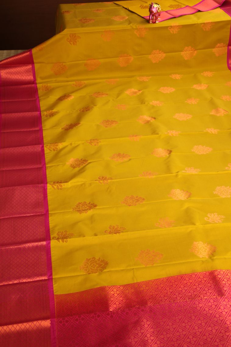 Biscotti Yellow Visiri Madippu Silk Sarees with Copper Zari Floral Puttas view 2