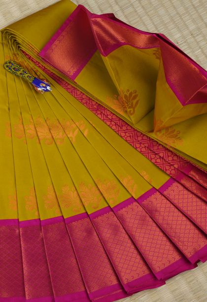 Biscotti Yellow Visiri Madippu Silk Sarees with Copper Zari Floral Puttas