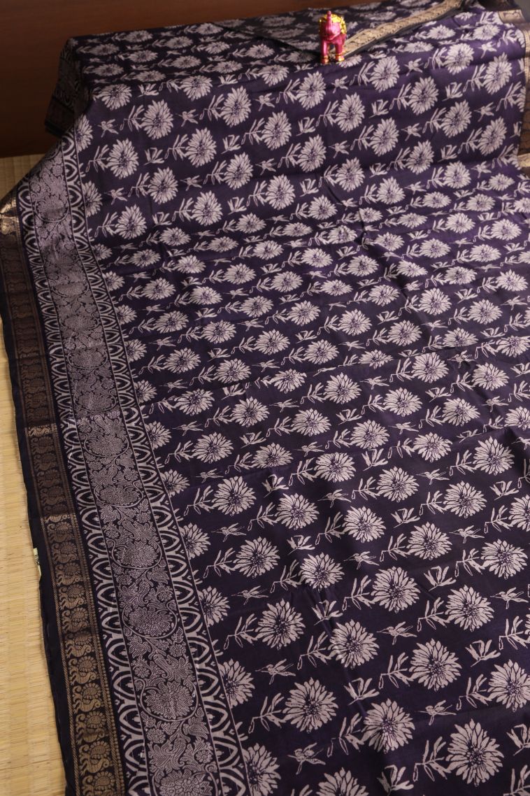 Berry Blue Fancy Saree with Gold Zari Floral Patterns view 2