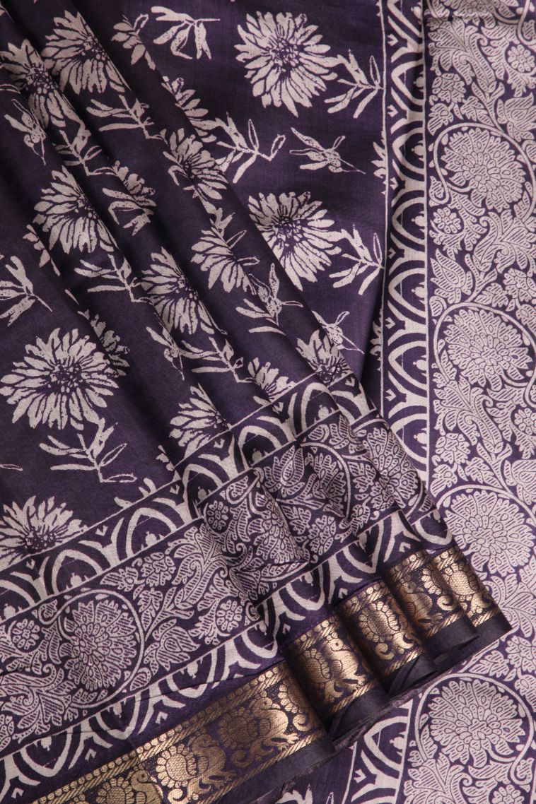 Berry Blue Fancy Saree with Gold Zari Floral Patterns view 1