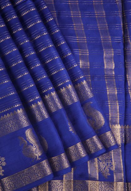 Lapis Blue Fancy Saree with Gold Zari Temple Pattern
