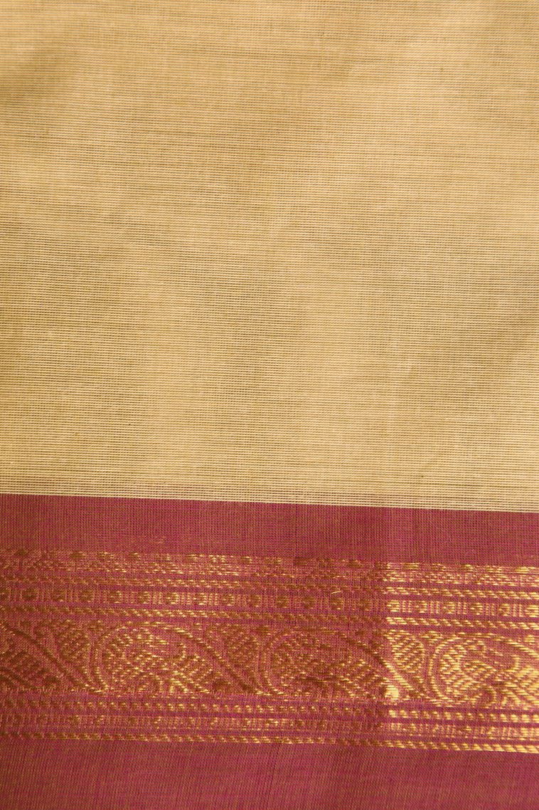 Beige Yellow Chettinad Cotton Sarees with Gold Zari Buttis (small Dots Or Motifs) view 3