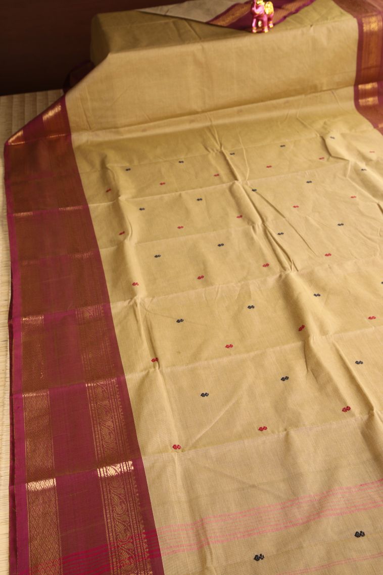 Beige Yellow Chettinad Cotton Sarees with Gold Zari Buttis (small Dots Or Motifs) view 2