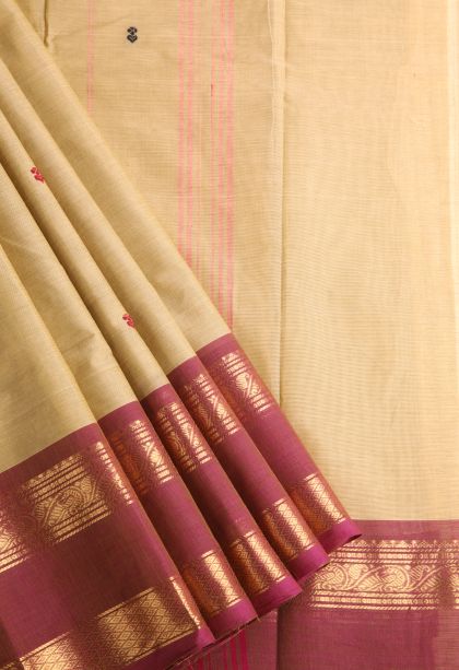 Beige Yellow Chettinad Cotton Sarees with Gold Zari Buttis (small Dots Or Motifs)