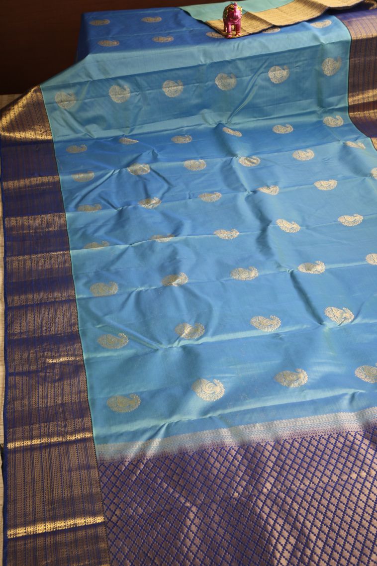 Sapphire Blue Soft Silk Saree with Gold Zari Manga view 2