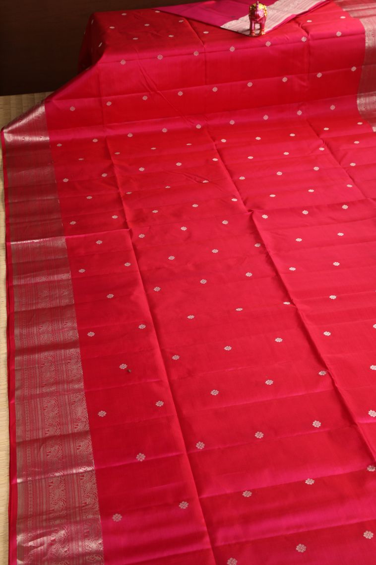 Rose  Red Soft Silk Saree with Silver Zari Puttas view 2