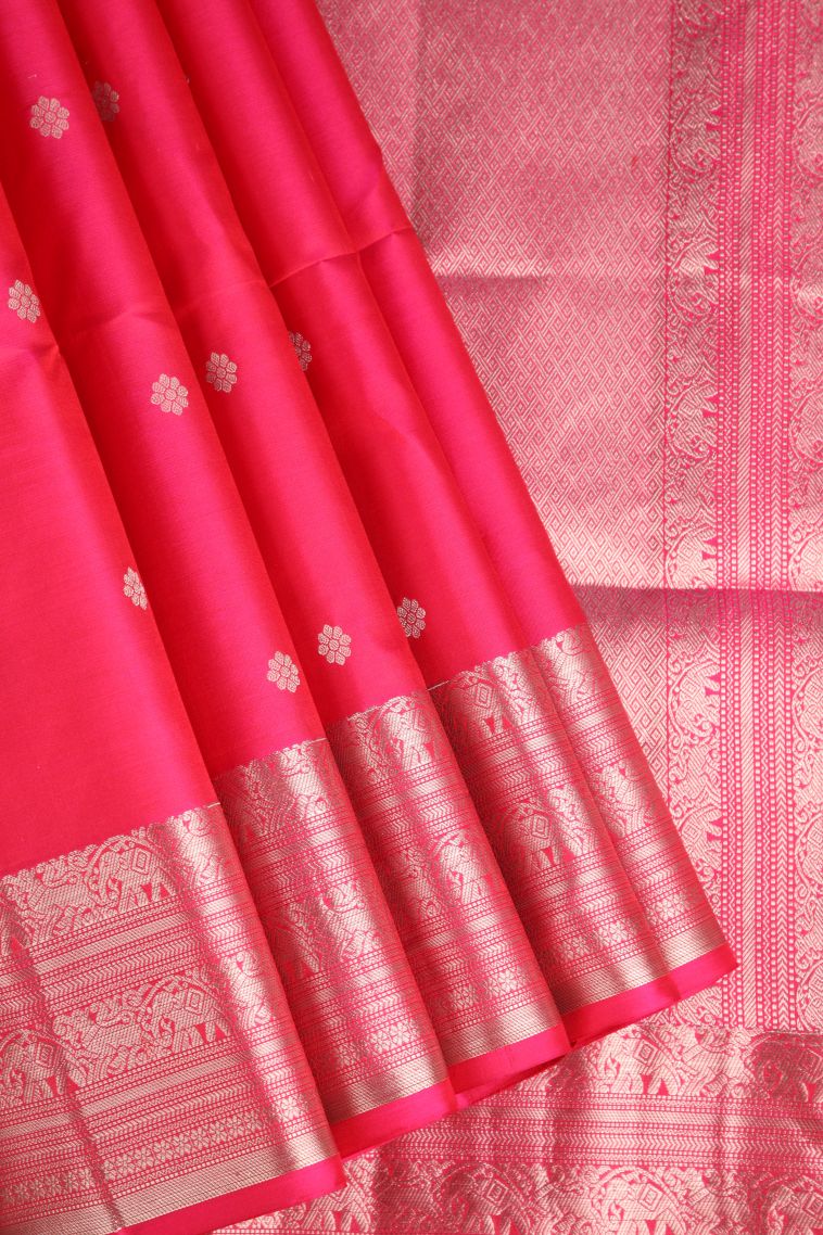 Rose  Red Soft Silk Saree with Silver Zari Puttas view 1