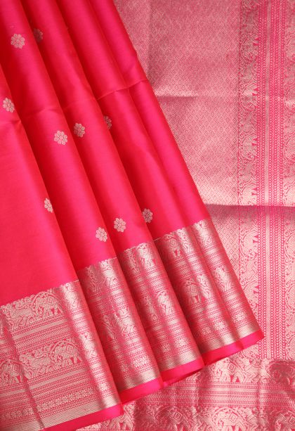 Rose  Red Soft Silk Saree with Silver Zari Puttas