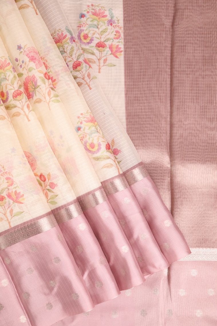 Coconut White Manipuri Cotton Sarees with Silver Zari Floral Patterns view 1