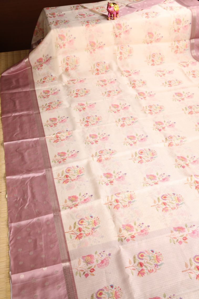 Coconut White Manipuri Cotton Sarees with Silver Zari Floral Patterns view 2