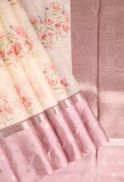 Coconut White Manipuri Cotton Sarees with Silver Zari Floral Patterns