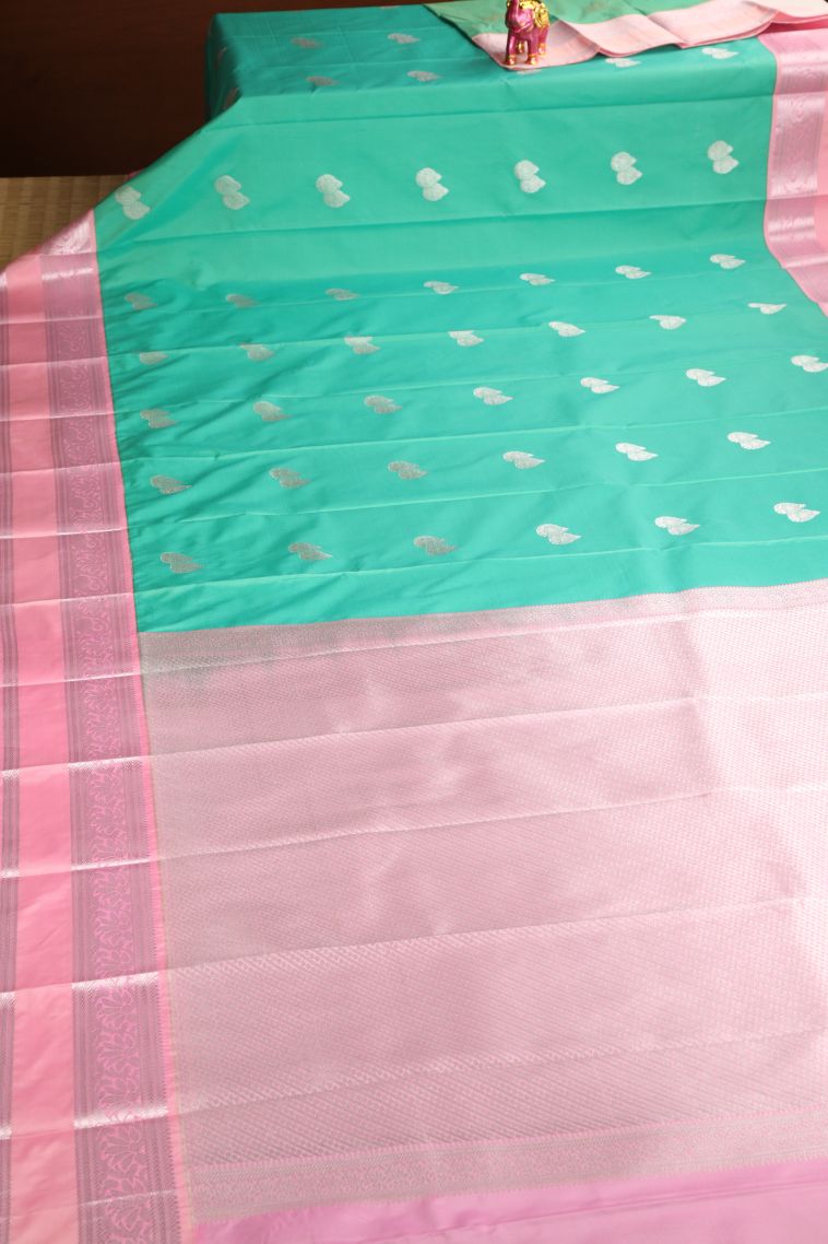 Teal Blue Visiri Madippu Silk Sarees with Silver Zari Floral Puttas view 2