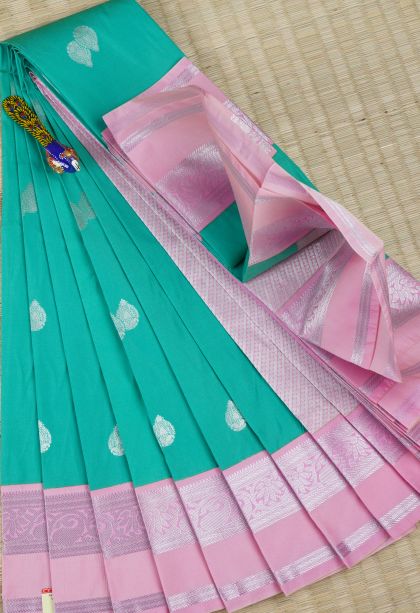 Teal Blue Visiri Madippu Silk Sarees with Silver Zari Floral Puttas