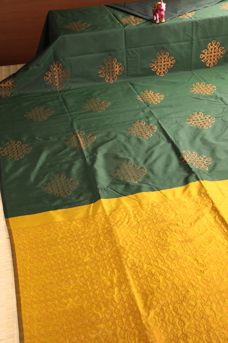 Basil Green Soft Silk Saree with Copper Zari Kolam Pattern view 2