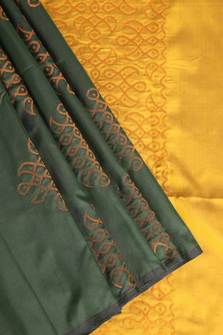 Basil Green Soft Silk Saree with Copper Zari Kolam Pattern