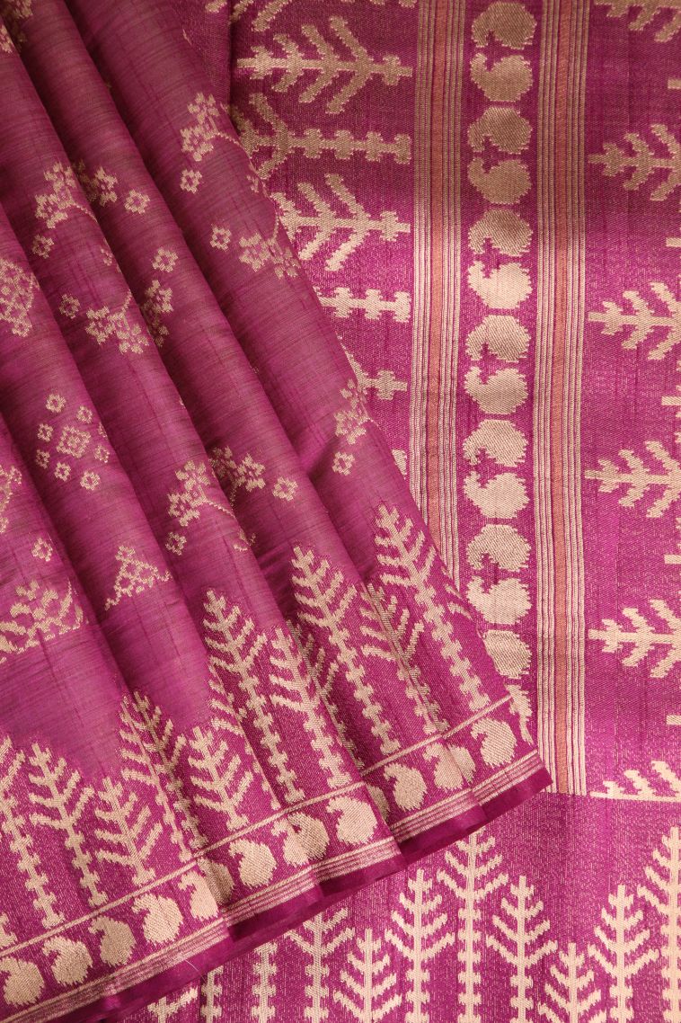 Magenta Purple Semi Tussar Silk with Gold Zari Geometric Shapes view 1