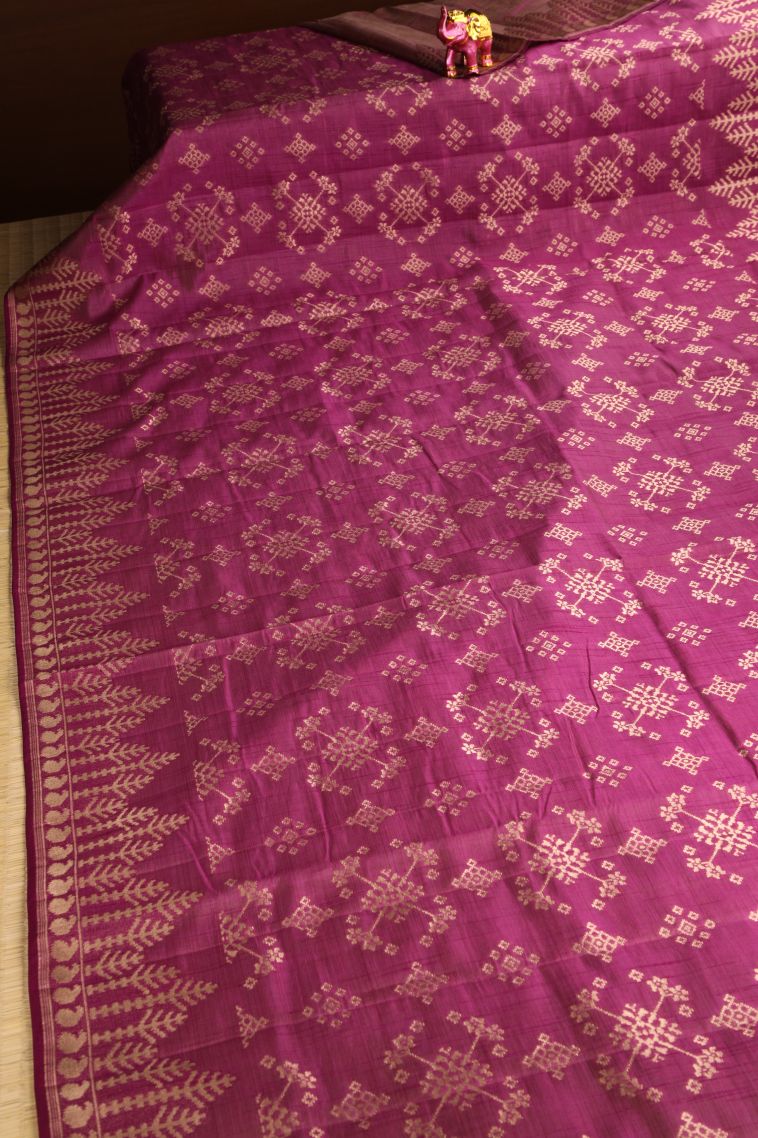 Magenta Purple Semi Tussar Silk with Gold Zari Geometric Shapes view 2
