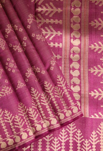 Magenta Purple Semi Tussar Silk with Gold Zari Geometric Shapes
