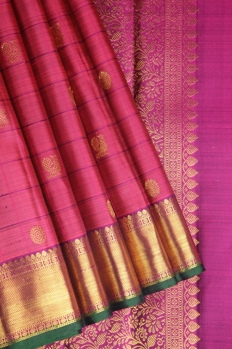 Magenta  Pink Kanchipuram Silk Sarees with Gold Zari Checks And Puttas view 1
