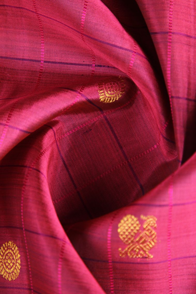 Magenta  Pink Kanchipuram Silk Sarees with Gold Zari Checks And Puttas view 4