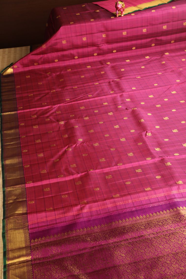 Magenta  Pink Kanchipuram Silk Sarees with Gold Zari Checks And Puttas view 2