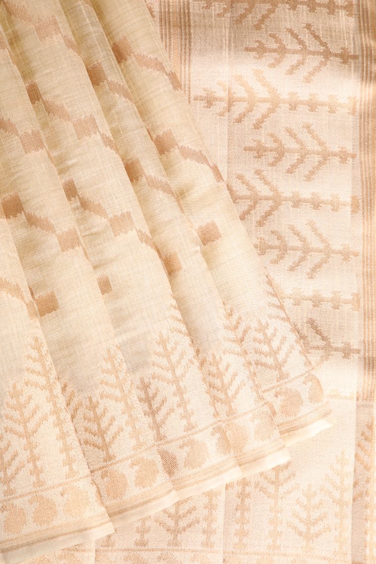 Vanilla Custard Yellow Semi Tussar Silk with Gold Zari Cross Straipes view 1