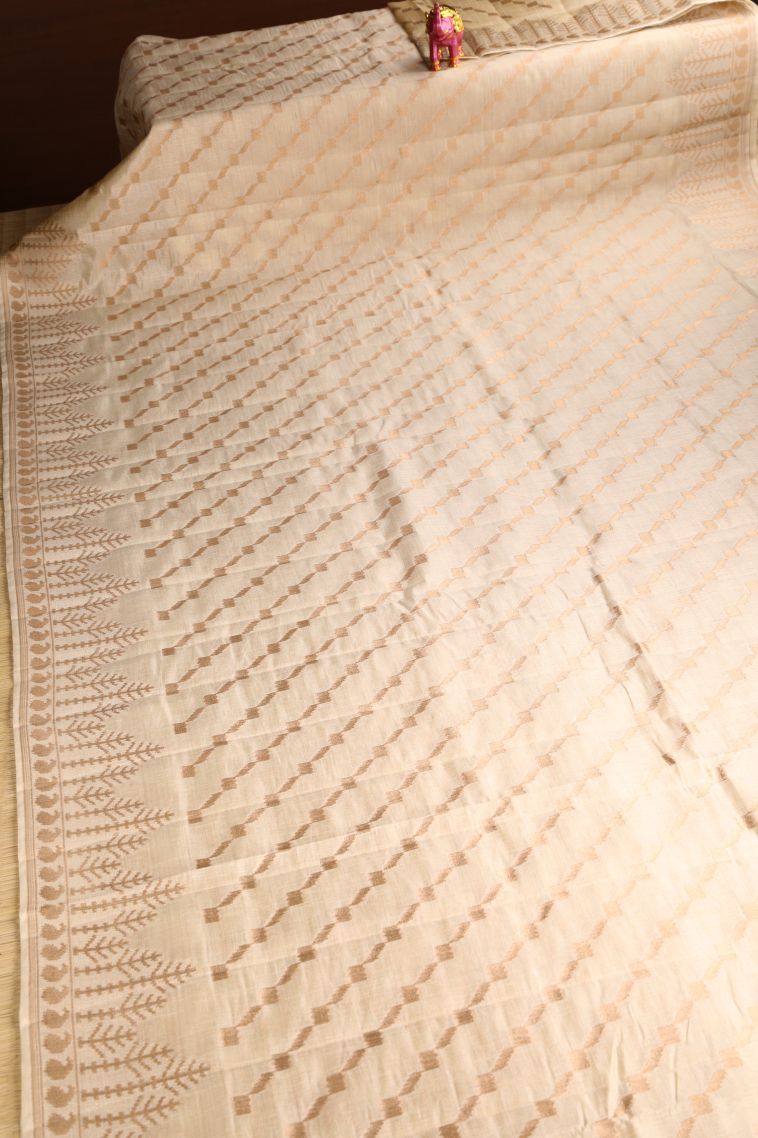 Vanilla Custard Yellow Semi Tussar Silk with Gold Zari Cross Straipes view 2