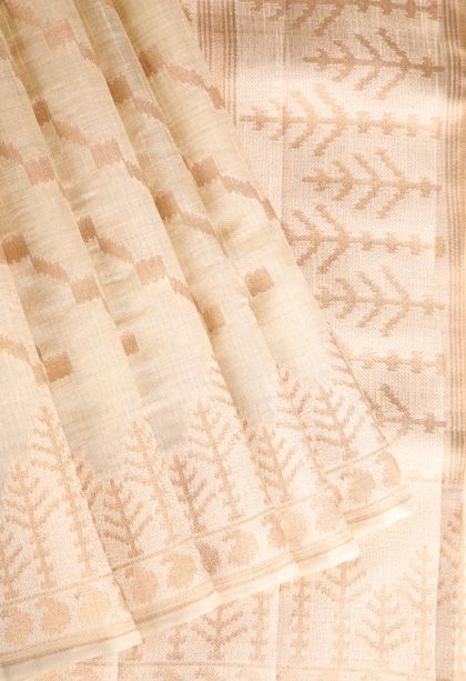 Vanilla Custard Yellow Semi Tussar Silk with Gold Zari Cross Straipes