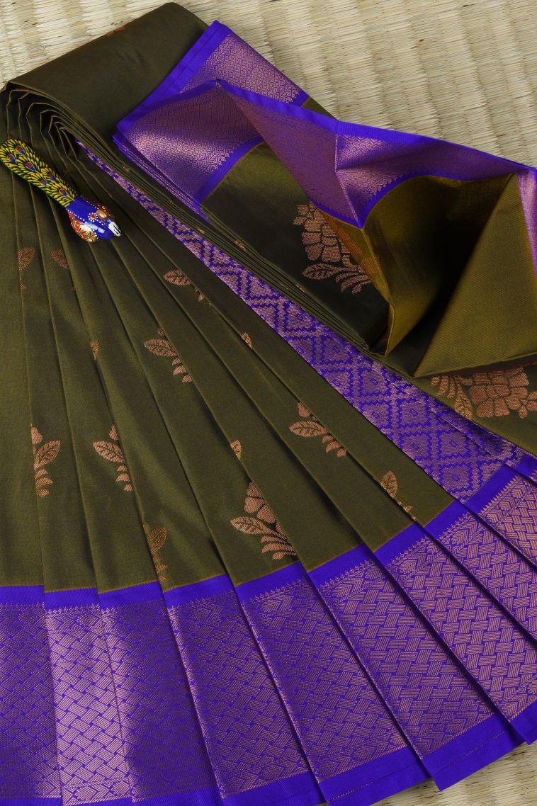 Peanut Brown Visiri Madippu Silk Sarees with Copper Zari Floral Patterns view 1
