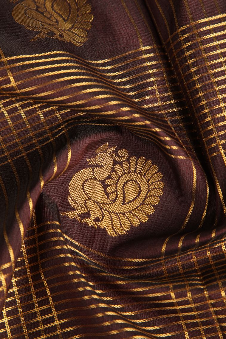Cinnamon Brown Visiri Madippu Silk Sarees with Gold Zari Peacock Motifs view 4