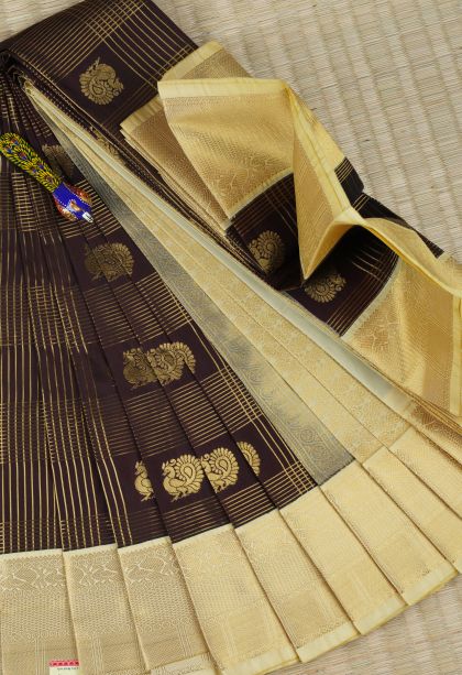 Cinnamon Brown Visiri Madippu Silk Sarees with Gold Zari Peacock Motifs