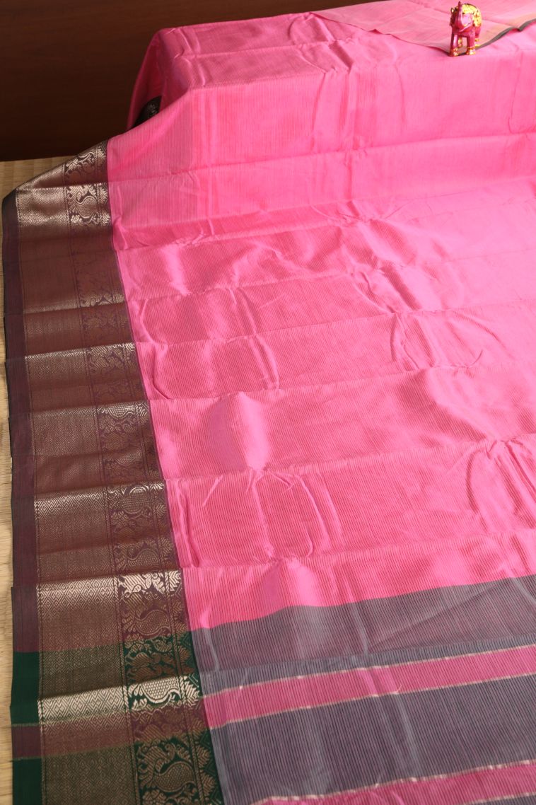 Bubblegum Pink Cotton Sarees with Gold Zari Plain view 2