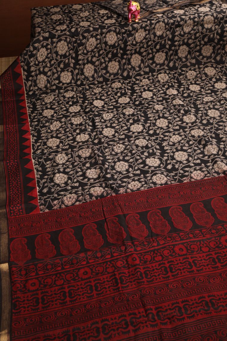 Asphalt Black Chanderi Cotton Sarees with Gold Zari Floral Patterns view 2