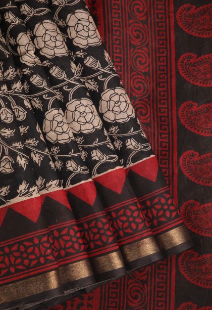 Asphalt Black Chanderi Cotton Sarees with Gold Zari Floral Patterns