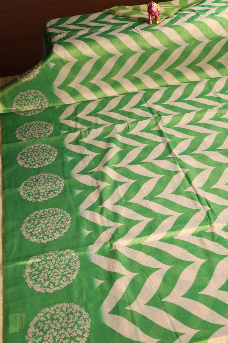Forest Green Tissue Silk Sarees with Gold Zari Zig Zag Pattern view 2