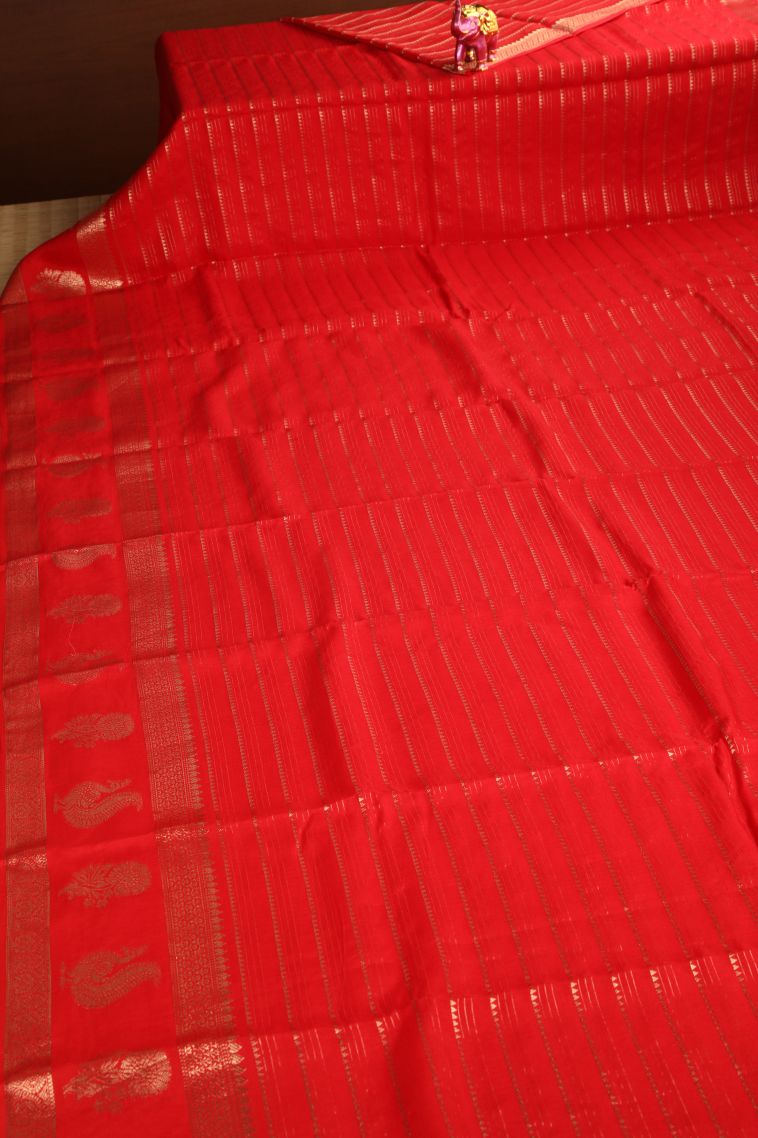 Candy Red Fancy Saree with Gold Zari Temple Pattern view 2