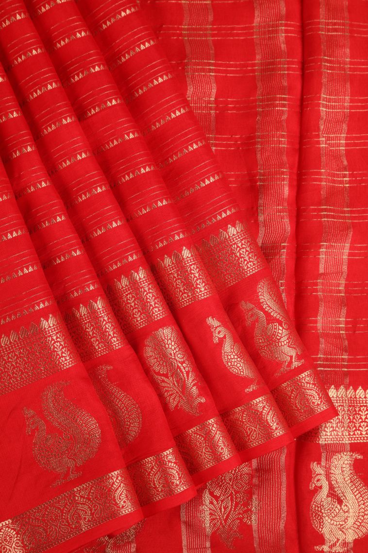 Candy Red Fancy Saree with Gold Zari Temple Pattern view 1