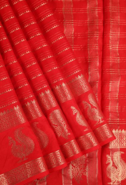 Candy Red Fancy Saree with Gold Zari Temple Pattern