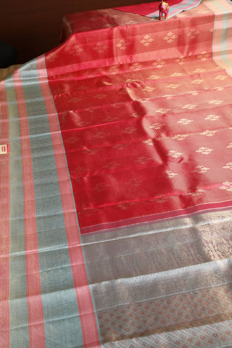 Rose  Red Kanchipuram Silk Sarees with Gold Zari Floral Patterns view 2