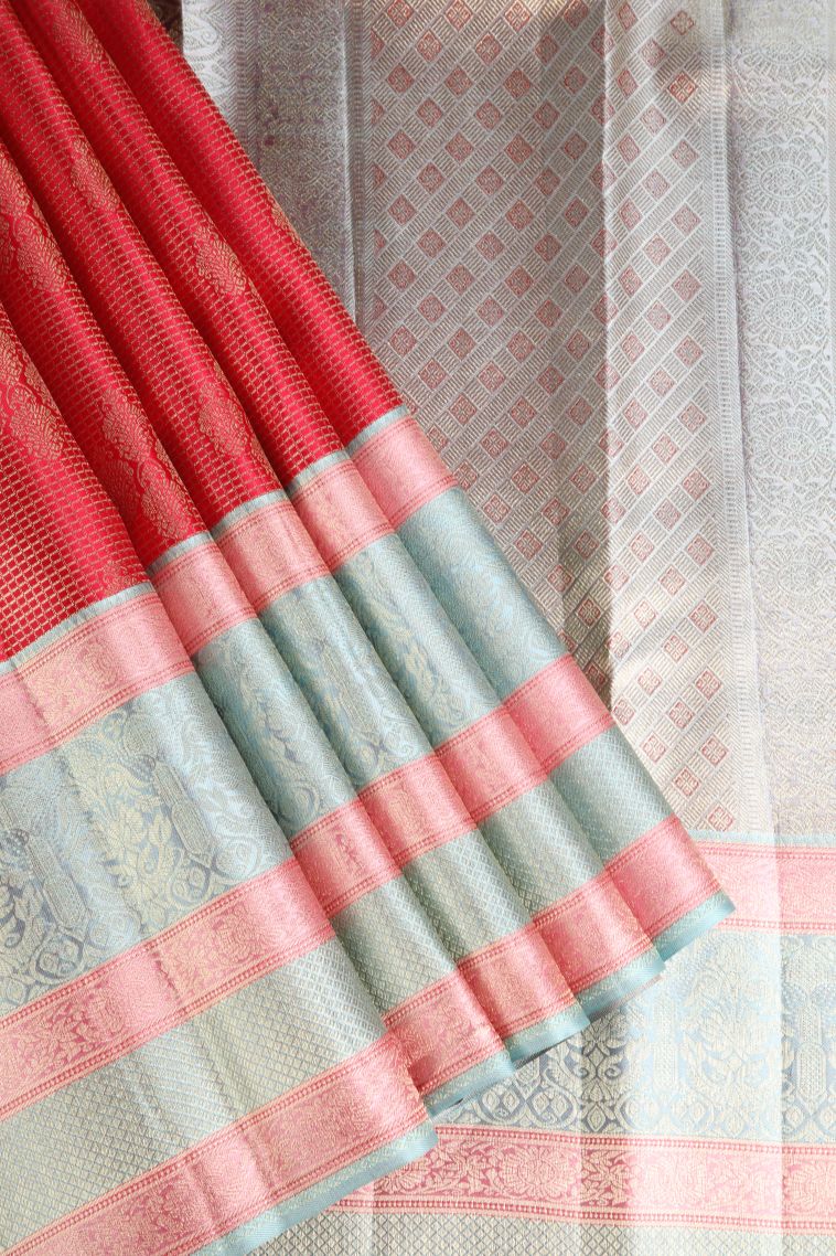 Rose  Red Kanchipuram Silk Sarees with Gold Zari Floral Patterns view 1