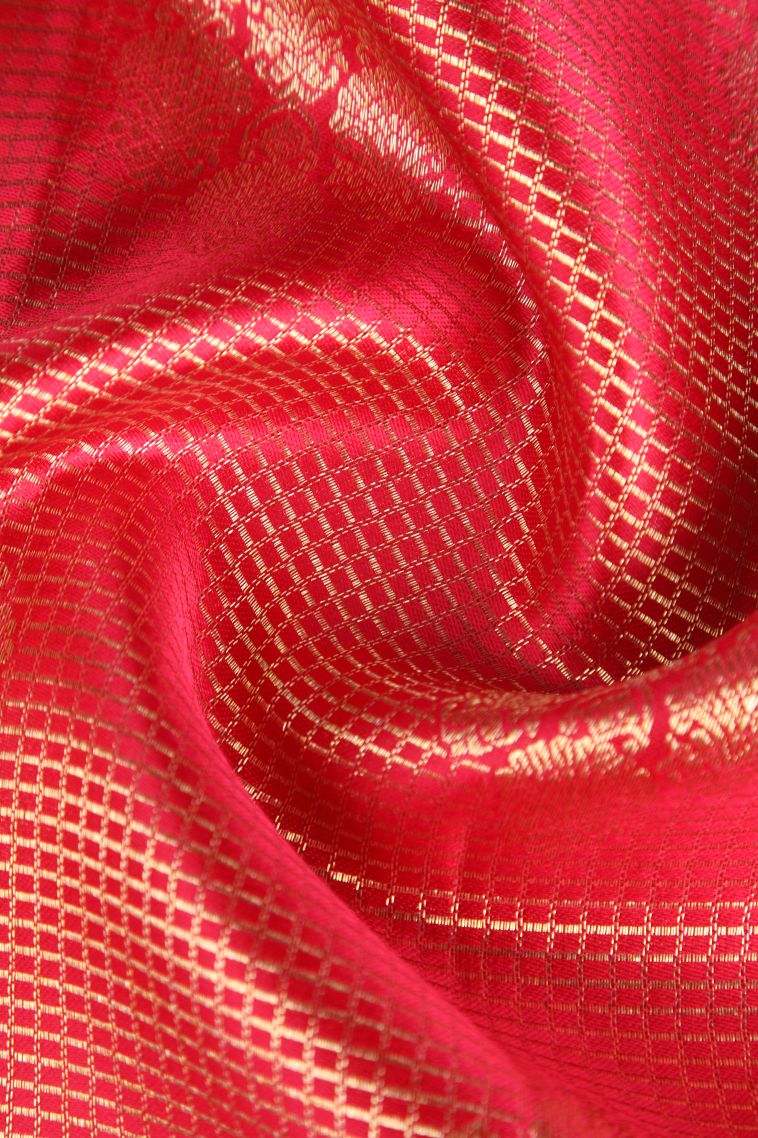 Rose  Red Kanchipuram Silk Sarees with Gold Zari Floral Patterns view 4