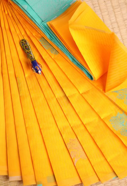 Merigold Orange Visiri Madippu Silk Sarees with Copper Zari Floral Patterns
