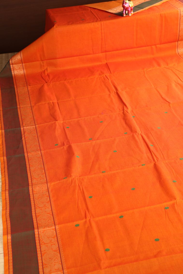 Tiger Orange Chettinad Cotton Sarees with Gold Zari Buttis (small Dots Or Motifs) view 2